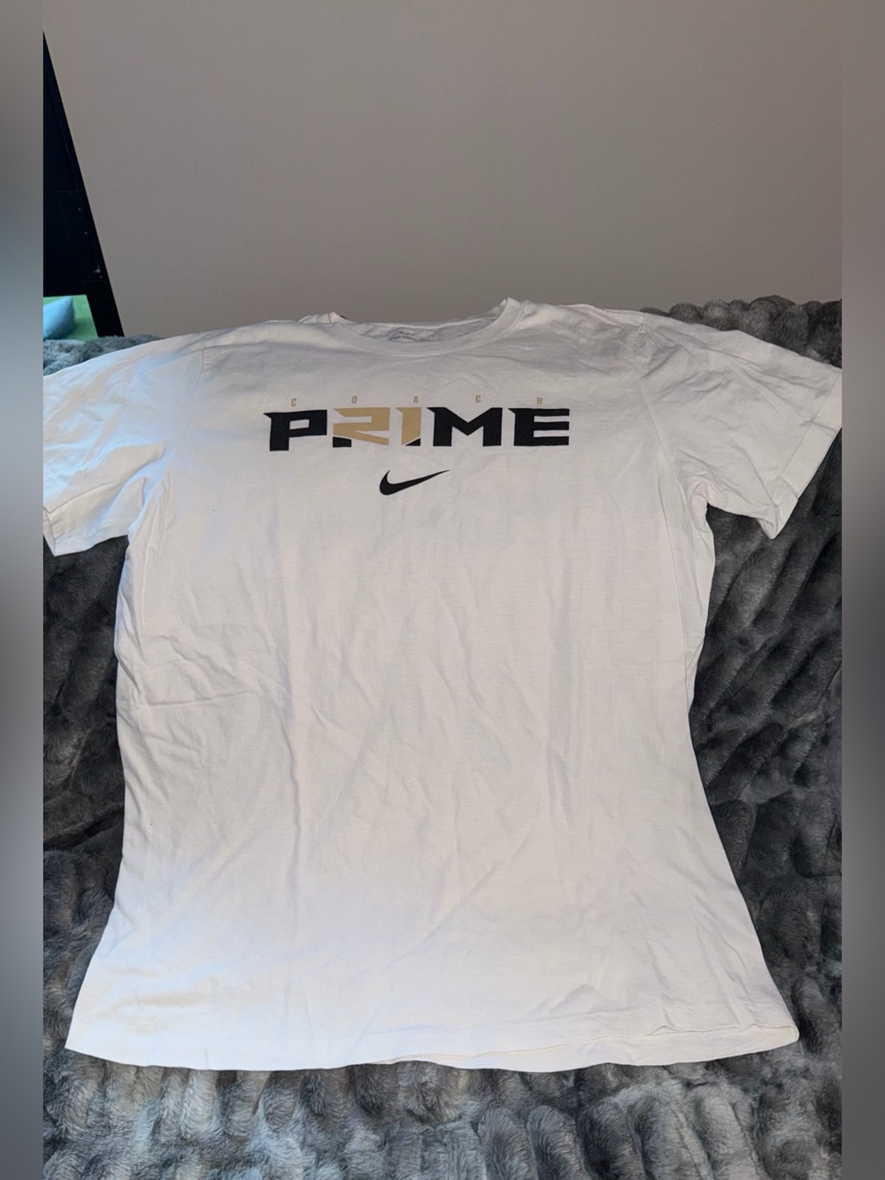 Nike White Prime Logo Short-Sleeve Tee with Black and Gold Print